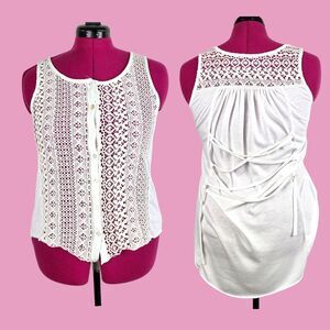 Cream Lace High-Low Top Sleeveless Button Up Sheer Blouse Small